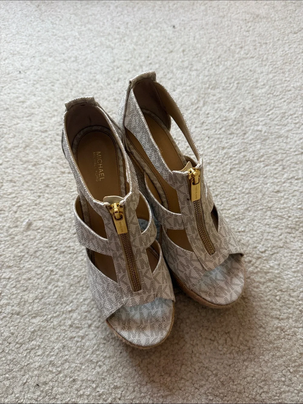 Michael Kors Neutral Logo Espadrille Wedge Sandals with Gold Zip
